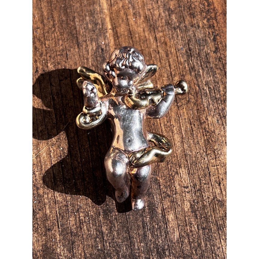 Vintage Stamped 925 3-D Winged Angel Cherub Violin pin pendant